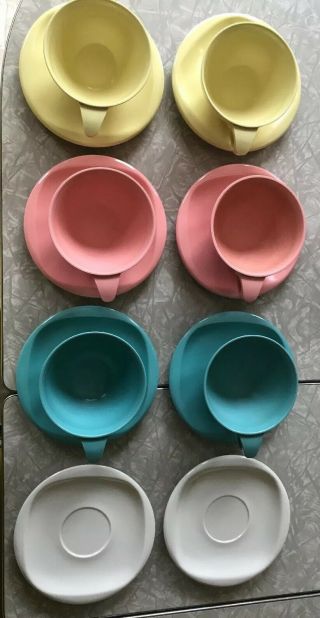 17 Boontonware Cups (no White) & Saucers.  Cream & Sugar Bowls