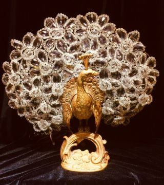 Antique Czech Art Glass Crystal & Bronze Peacock Lamp,  Art Deco,  Loetz