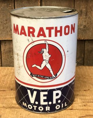 Cool Vintage Marathon V.  E.  P.  Motor Oil 5 Qt Tin Can Gas Service Station Sign