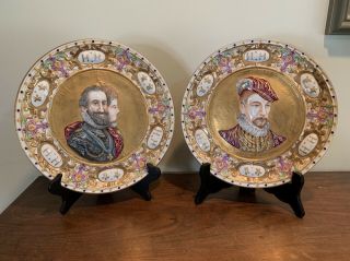 Rare Antique 19th Century Capodimonte Heavy Porcelain Gold Royal Portrait Plates
