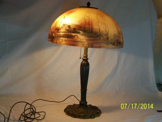 Antique Reverse Hand Painted Shade Signed - Miller Lamp Co. ,  Table Lamp