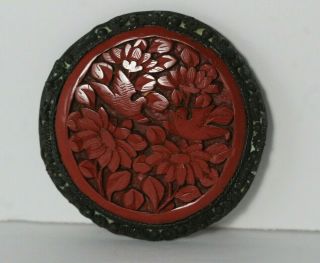 Antique Chinese Silver & Carved Cinnabar Birds & Flowers Brooch Pin 2 "