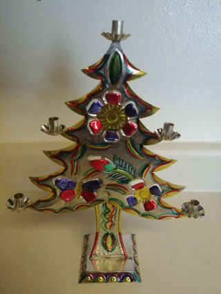13” Vintage 60s Mexican Tin Stamped Colored Metal Christmas Tree Candle Holder