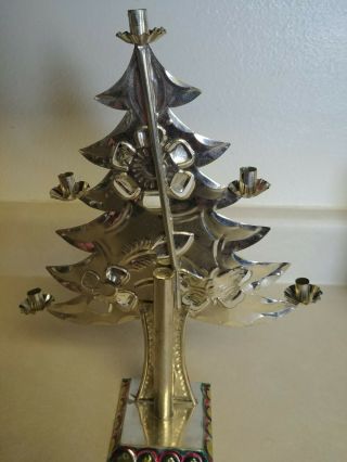 13” Vintage 60s Mexican Tin Stamped Colored Metal Christmas Tree Candle Holder 2