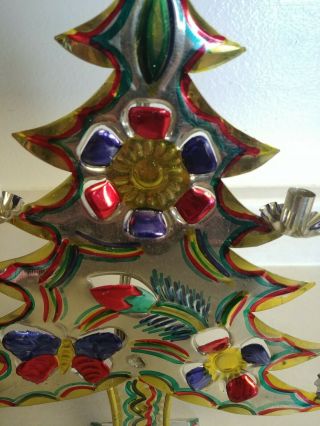 13” Vintage 60s Mexican Tin Stamped Colored Metal Christmas Tree Candle Holder 3