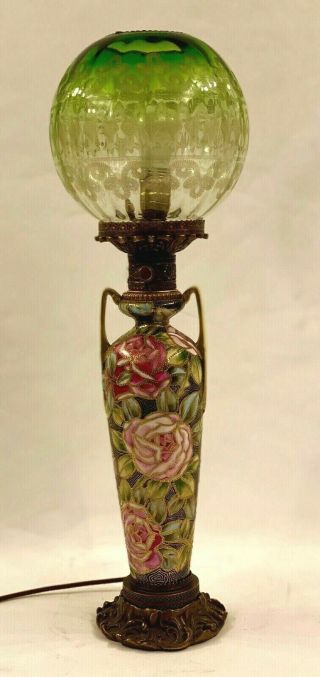 Rare Antique Nippon Moriage Table Lamp With Green Shade