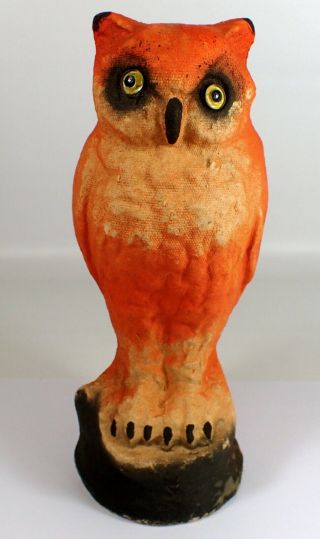 Antique Vtg Halloween Paper Mache Pulp Standing Owl W Glass Eyes Candy Container