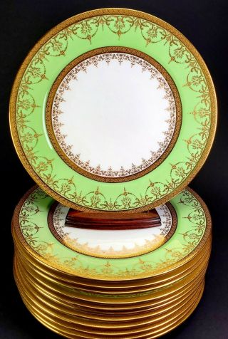 12 Antique Cauldon Green Raised Gold Dessert Cabinet Plates