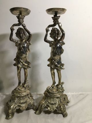 2 Art Nouveau Figural Boy Vintage Candle Holders Torchiere 20 " Tall Heavy