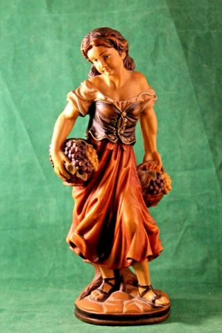 Vintage German ? Wood Carved Figurine Young Woman Carrying Baskets