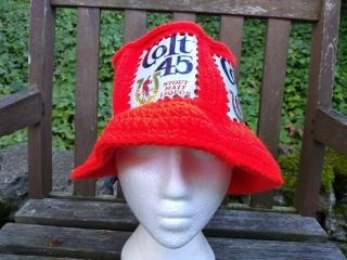 vtg Colt 45 Art Beer Can Hat Red & White Crocheted Knitted Knit Cap Malt Liquor 2
