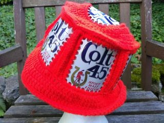 vtg Colt 45 Art Beer Can Hat Red & White Crocheted Knitted Knit Cap Malt Liquor 3