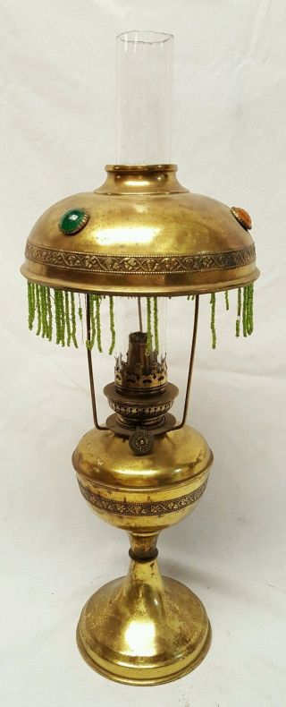 Vintage Old Imported Allemagni Brass Oil Lamp With Faceted Jewel Jeweled Shade