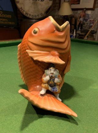 Rare Antique Japanese Kutani Porcelain Hand Made Painted Man W/ Koi Fish 7”