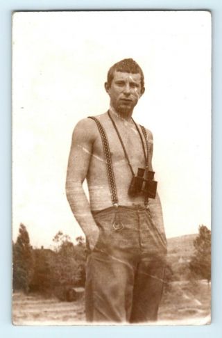 Vintage Photo Shirtless Muscle Man Bulge Trunks Dude Snapshot Gay Int W08