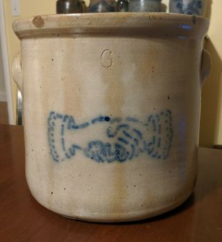 Antique Shaking Hands Crock Cobalt Blue Stencil Salt Glaze Stoneware 19th Cent 3