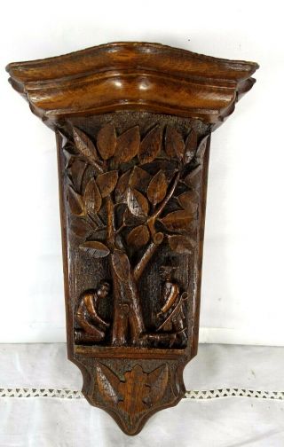 Antique French Hand Carved Wood Oak Console Bracket Shelf Support - Humorous Scene