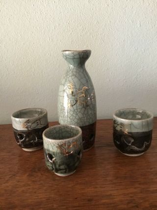Vintage Somayaki Soma Ware Japanese Sake Set With Gold Horse Bottle And 3 Cups
