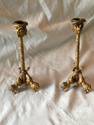 Antique Rare Gold Guilt Bronze Lions And Rams 19c Candlestick Holders