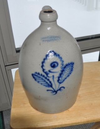 Antique Stoneware Jug With Cobalt Blue Flower John Burger Rochester 2 Gallon