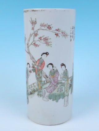 Antique Chinese Porcelain Famille Rose Hat Cylinder Vase Vintage Signed