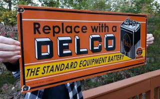 Large Vintage Delco Motor Oil Can Porcelain Gas Service Station Sign Advertising