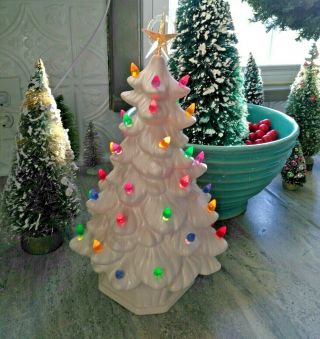 Gorgeous Vtg Atlantic Mold Ceramic Christmas Tree & Base Light 2pc White 11 " Mcm