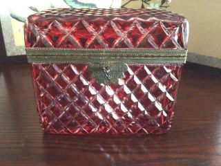 Antique French Cut Red Crystal And Bronze Casket Jewelry Box