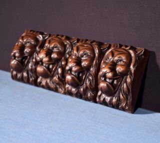 Set Of 4 French Antique Highly Carved Lion Faces In Walnut Wood Trim