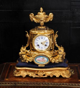 Antique French Ormolu & Sevres Porcelain Boudoir Clock Cherub C1860