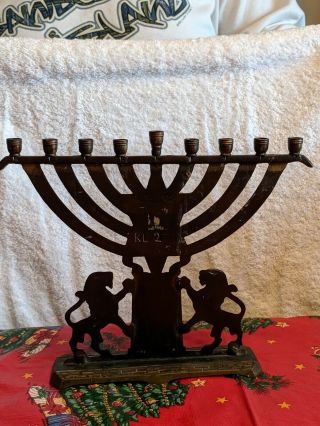 Vintage Mixed Metal Double Lion Jewish Menorah - Candle Holder.  Patina