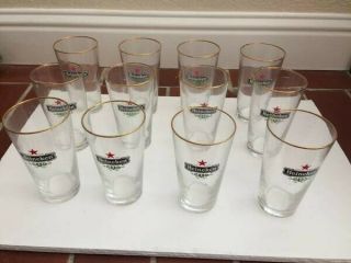 Set Of 12 Heineken Half Pint Beer Glasses With Gold Rim