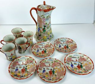 Vintage Porcelain Made In Japan Asian Ornate Tea Pot Cups & Saucers Set