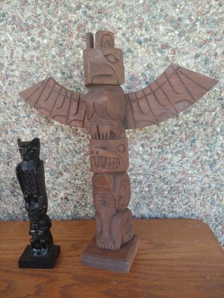Totem Pole Haida Wood Hand Carved Northwest Art 13 In,  7 1/2 In Stunning Pair
