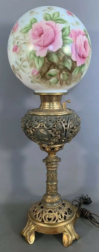 Lg Antique Art Nouveau Era Brass Figural Lady Cameo Old Banquet Lamp