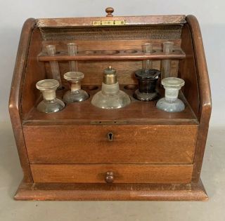 Antique Edwardian Chemist Set Old Bunsen Burner Box Chemistry Set Roll Top Chest
