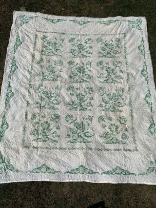Vtg Hand Stitched Embroidered Green Jacobean Floral Quilt Coverlet Blanket Satin