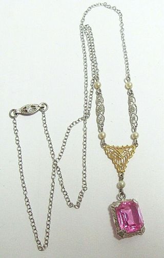 Antique Victorian 10k 10kt Gold Filigree Pink Topaz Necklace