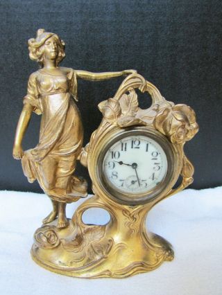 Antique Art Nouveau Spelter Girl Statue Mantel Clock.  Lady Figurine Clock