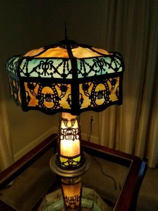 , Ornate Antique Slag Glass And Brass Table Lamp Circa 1915
