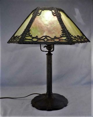 Antique C1920 Signed Miller Table Lamp 6 Panel Green Slag Glass Handel Era Vgc