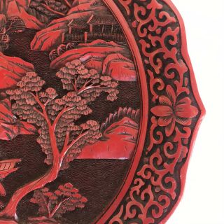 Vintage Chinese Carved Lacquer Red Cinnabar Plate 9.  5 " Lotus Flower River Scene