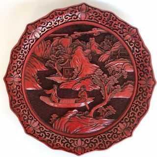 Vintage Chinese Carved Lacquer Red Cinnabar Plate 9.  5 