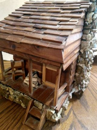 Vintage Folk Art Hand Made Log Cabin With Stone Chimney Jewelry Box