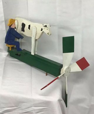 Vintage Whirly Gig Folk Art Hand Crafted Farmer Milking Cow