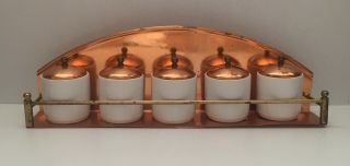 Vintage Benjamin And Medwin Copper Spice Rack With Porcelain Jars Portugal