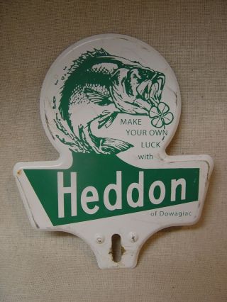 Vintage Embossed Metal Heddon Fishing Lures Fish Advert License Plate Topper
