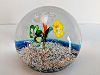 Vintage Murano Art Glass Sand & Ice Pick Flowers Paperweight Italian