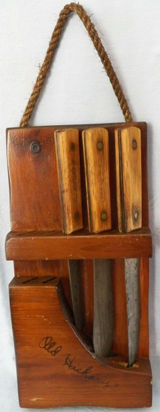 Vintage Old Hickory Knife Set In Wood Block Holder Rope Handle