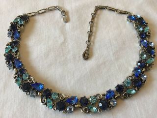 Vintage Lisner Signed Shades Of Blue Rhinestone Necklace And Earrings